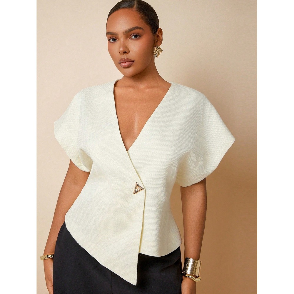Haute Shein‎ Textured Cream Wrap Top 0XL Gold Button Asymmetrical Cap Sleeve